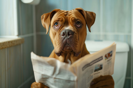 Close-up of a puppi sitting on toilet and reading news paper. Generated by artificial intelligence.の素材