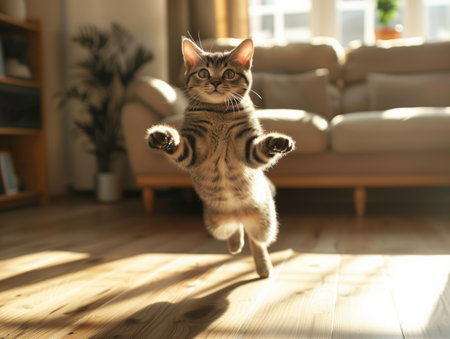 Cat in mid-leap, all four paws off the ground on hardwood floor in the living room with a sofa in the background. Sunlight illuminating cat's fur. Generated by artificial intelligence.の素材