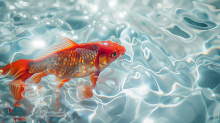 Big red fish on the sparkling white water. Beautiful curves, sunlight, light and shadow, natural light. Generated by artificial intelligence.の素材