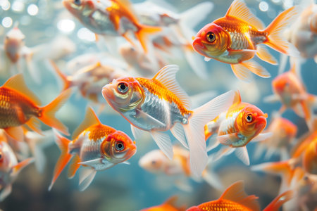 A cluster of goldfish is on a blue background. Generated by artificial intelligence.の素材