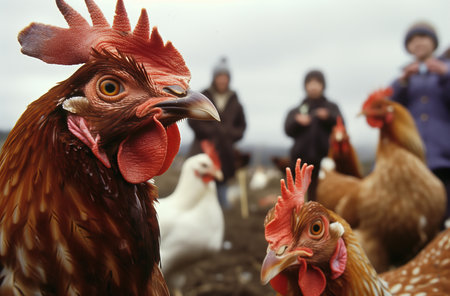 Close-up chicken looking in the camera with a group of people in a field. Generated by artificial intelligence.の素材