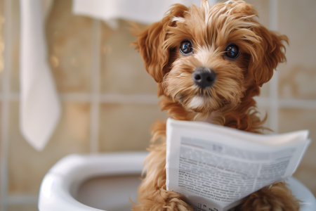Close-up of a puppi sitting on toilet and reading news paper. Generated by artificial intelligence.の素材