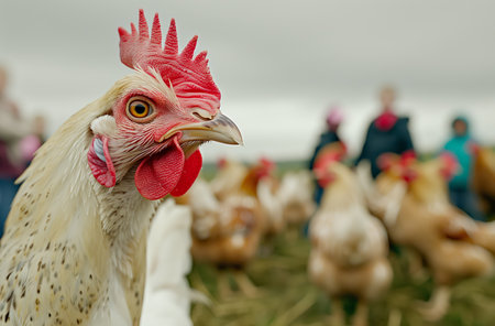 Close-up chicken looking in the camera with a group of people in a field. Generated by artificial intelligence.の素材