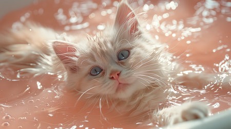 Close-up a cute white cat swimming in the pink water. Generated by artificial intelligence.の素材