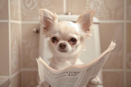 Close-up of a puppi sitting on toilet and reading news paper. Generated by artificial intelligence.の素材
