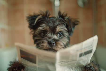 Close-up of a puppi sitting on toilet and reading news paper. Generated by artificial intelligence.の素材