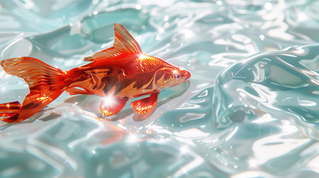 Big red fish on the sparkling white water. Beautiful curves, sunlight, light and shadow, natural light. Generated by artificial intelligence.の素材