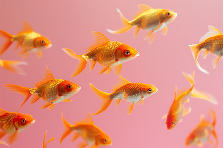 A cluster of goldfish is on a pink background. Generated by artificial intelligence.の素材