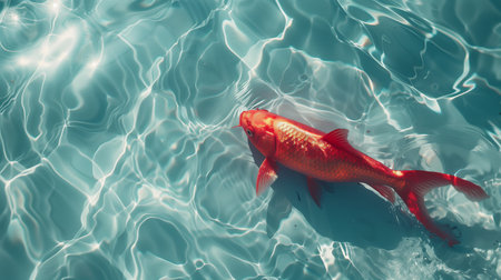 Big red fish on the sparkling white water. Beautiful curves, sunlight, light and shadow, natural light. Generated by artificial intelligence.の素材