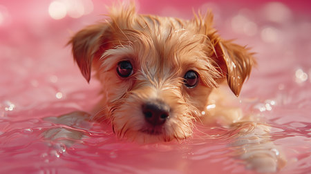 Close-up a cute puppy swimming in the pink water. Generated by artificial intelligence.の素材