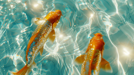 Two golden fish on the sparkling white water. Beautiful curves, sunlight, light and shadow, natural light. Generated by artificial intelligence.の素材