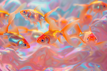 A cluster of goldfish is on a pink background. Generated by artificial intelligence.の素材