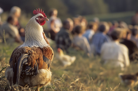 Close-up chicken looking in the camera with a group of people in a field. Generated by artificial intelligence.の素材