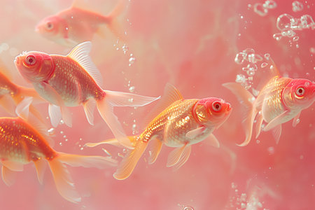 A cluster of goldfish is on a pink background. Generated by artificial intelligence.の素材