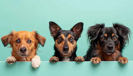 light turquoise background, three adorable dogs of different breeds. Generated by artificial intelligence.の素材