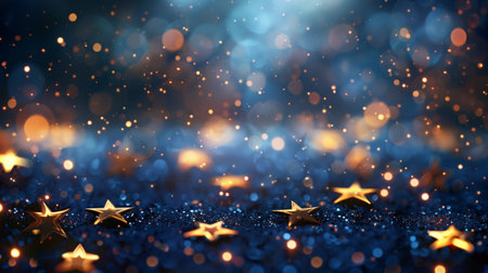 A dark blue background with stars and bokeh lights, creating an enchanting atmosphere for the Christmas season. Generated by artificial intelligence.の素材