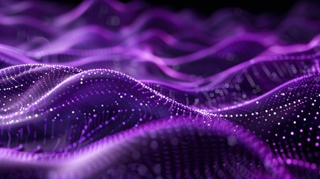 Abstract digital background with dots and lines in purple color, wavy shapes, futuristic pattern. Generated by artificial intelligence.の素材
