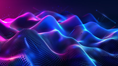 Abstract background, gradient color blue purple, dotted lines, geometric shapes, mesh patterns, glowing lights. Generated by artificial intelligence.の素材