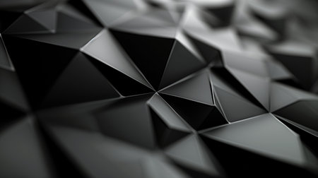 A dark abstract background with geometric shapes, rendered in the style of lowpoly. The surface is covered in triangular shapes that form complex patterns, creating shadows and highlights to give it aの素材