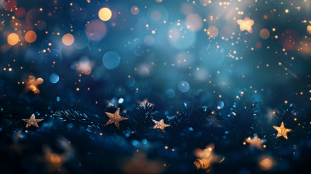 A dark blue background with stars and bokeh lights, creating an enchanting atmosphere for the Christmas season. Generated by artificial intelligence.の素材