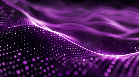 Abstract digital background with dots and lines in purple color, wavy shapes, futuristic pattern. Generated by artificial intelligence.の素材