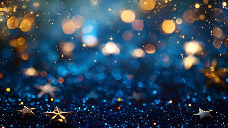 A dark blue background with stars and bokeh lights, creating an enchanting atmosphere for the Christmas season. Generated by artificial intelligence.の素材