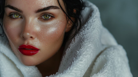 A beautiful woman with makeup and wearing white towel looks at the camera. The background is gray, hair wrapped in a towel. Generated by artificial intelligence.の素材
