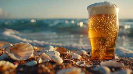 A glass of beer that looks very cool on the beach, sunny weather. Generated by artificial intelligence.の素材