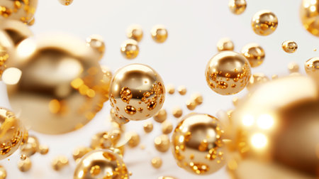 Golden spheres on white background. Abstract illustration, flying golden balls, metallic gold beads, round and shiny objects, wallpaper, pearls, metal balls. Generated by artificial intelligence.の素材