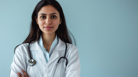 An Indian young female doctor isolated on light blue background. Generated by artificial intelligence.の素材