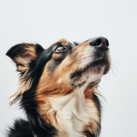 Closeup photo of a dog looking up, against on a white background. Generated by artificial intelligence.の素材