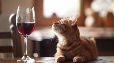 The cat looking on glass of red wine on table next to it. Generated by artificial intelligence.の素材