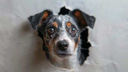 A Heeler dog is poking its head through a hole in a white wall. Generated by artificial intelligence.の素材