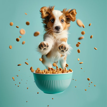 A happy dog puppy jumping by a bowl full of flying kibble on a pastel background. Levitation. Generated by artificial intelligence.の素材