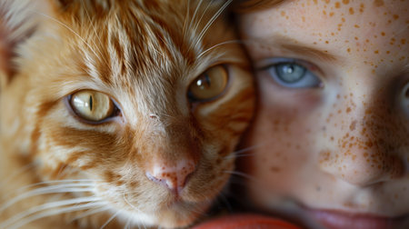 A closeup portrait of an orange cat with white spots, next to a young freckled girl. Generated by artificial intelligence.の素材