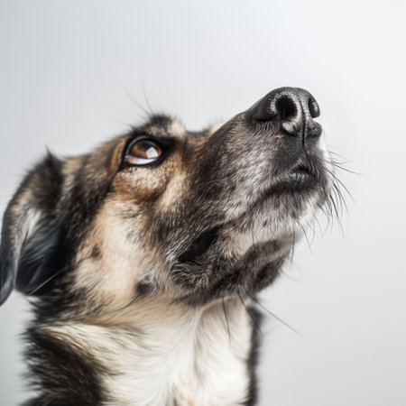 Closeup photo of a dog looking up, against on a white background. Generated by artificial intelligence.の素材