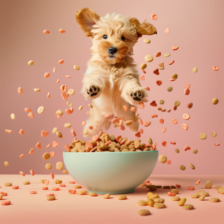 A happy dog puppy jumping by a bowl full of flying kibble on a pastel background. Levitation. Generated by artificial intelligence.の素材