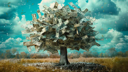 A tree made of dollar bills. Business financial support. Generated by artificial intelligence.の素材