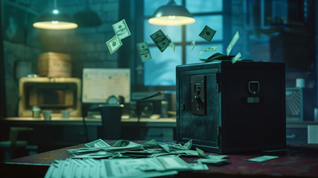 A safe with money on a table in an office. Money flying over the safe. Finance, cash, money. Generated by artificial intelligence.の素材