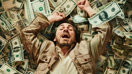 A man surrounded by dollar bills. Emotions on his face. Generated by artificial intelligence.の素材