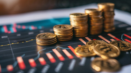 Gold coins on the table. Cryptocurrency, finance. Generated by artificial intelligence.の素材
