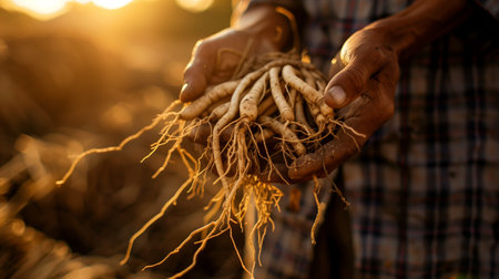 Ginseng roots in the hands of a farmer, warm sunlight, closeup shot. Generated by artificial intelligence.の素材