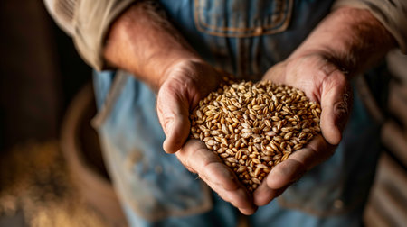 Photo of hands holding grains, focus on the texture and color of wheat with blurred background of farmland. Generated by artificial intelligence.の素材