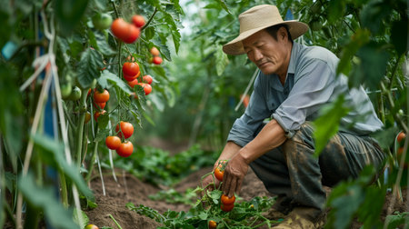 A confident, well-dressed 40-year-old Asian farmer tending to tomato plants. Full body shot, ripe tomatoes on the vine, lush tomato orchard in the background. Generated by artificial intelligence.の素材