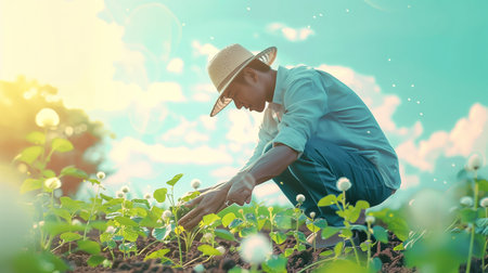 A farmer planting seeds in the field. Field landscape from the back. Generated by artificial intelligence.の素材