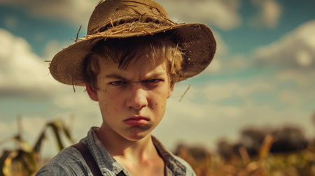 A young angry French agriculturist. The field landscape from the back. Generated by artificial intelligence.の素材