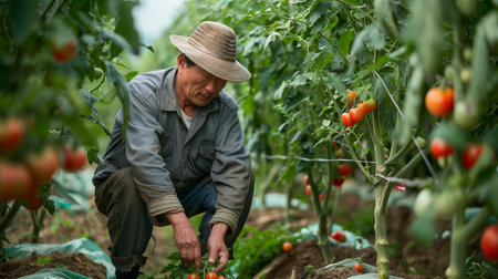 A confident, well-dressed 40-year-old Asian farmer tending to tomato plants. Full body shot, ripe tomatoes on the vine, lush tomato orchard in the background. Generated by artificial intelligence.の素材