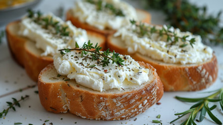 White bread with cream cheese and herbs on it with white background. Generated by artificial intelligence.の素材