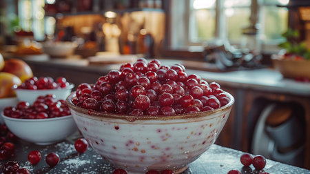 Freshly picked lingonberries in a pot. Vibrant red berries, jam, food photography. Generated by artificial intelligence.の素材