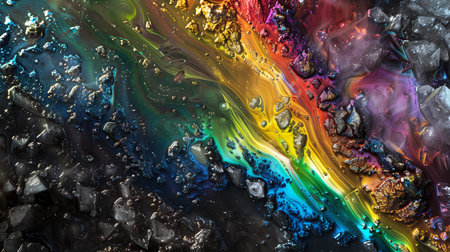 A rainbow colored liquid is seen. Liquid metal, crystalline and geological forms. Generated by artificial intelligence.の素材